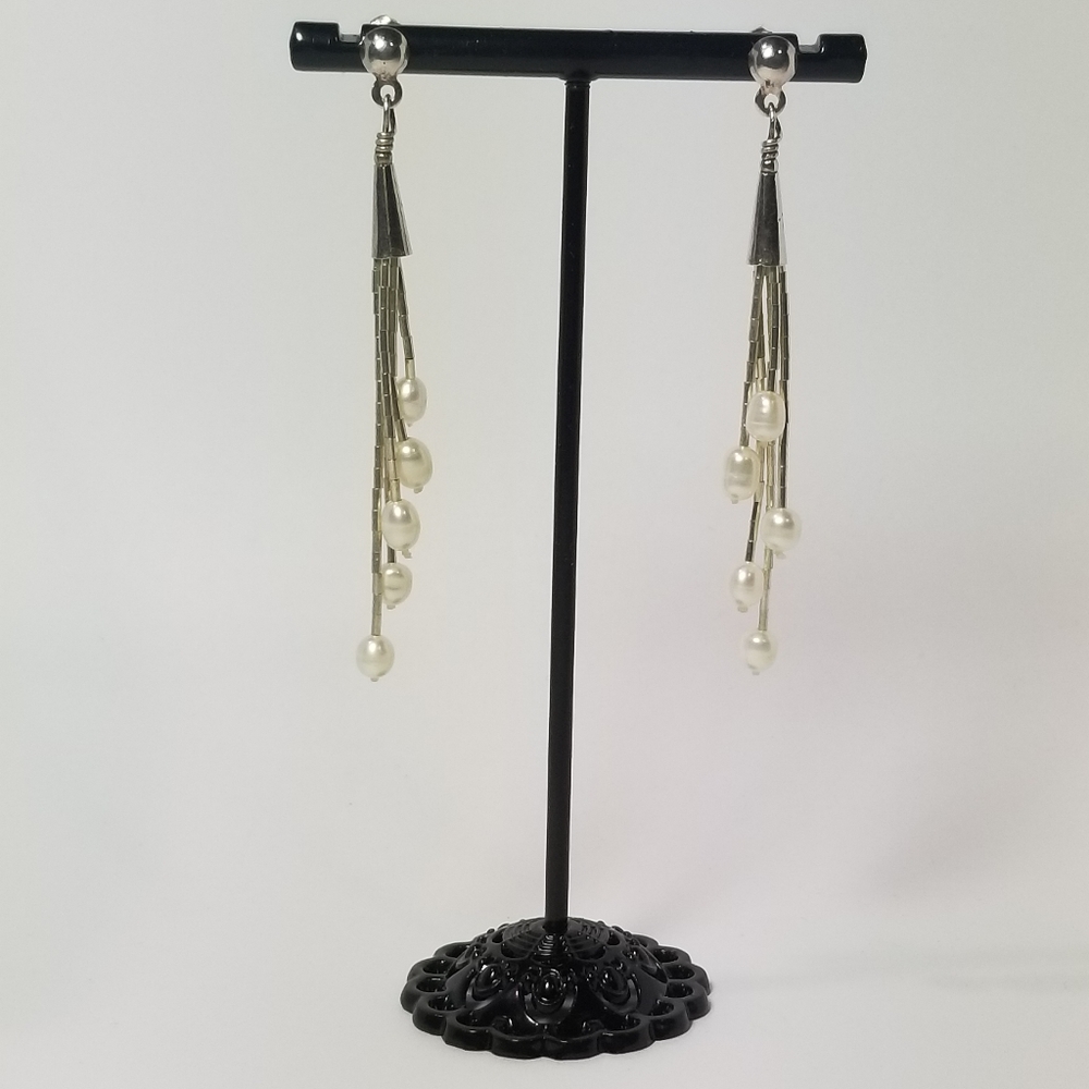 Vtg STERLING SILVER DANGLE PEARLS STUD EARRING - Picture 3 of 8